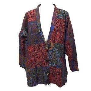 Vintage Women 2XL XL Indonesian Batik Patchwork Jacket Gold Metal Buttons Lined